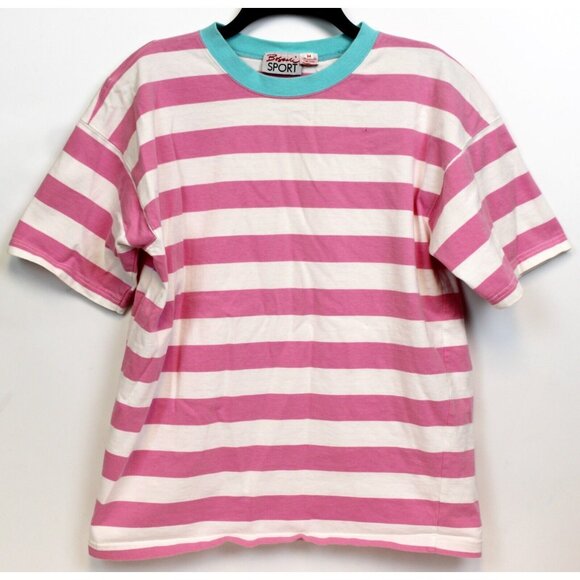 VTG 80s Boscali Pink Stripe TShirt Womens Medium Teal Crewneck Classic Preppy - Picture 1 of 10